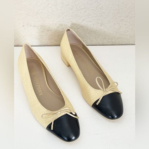 Stuart Weitzman Sleek Bow rounded toe black ballet Flats with natural raffia 8.5 - Picture 8 of 17